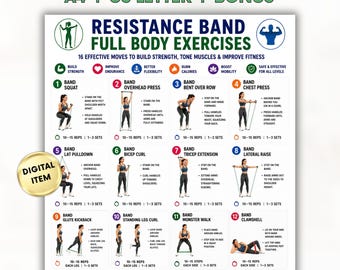 May include: A digital instructional poster titled Resistance Band Full Body Exercises, featuring 16 numbered illustrations of individuals performing various fitness movements with resistance bands, including text descriptions for reps and sets.