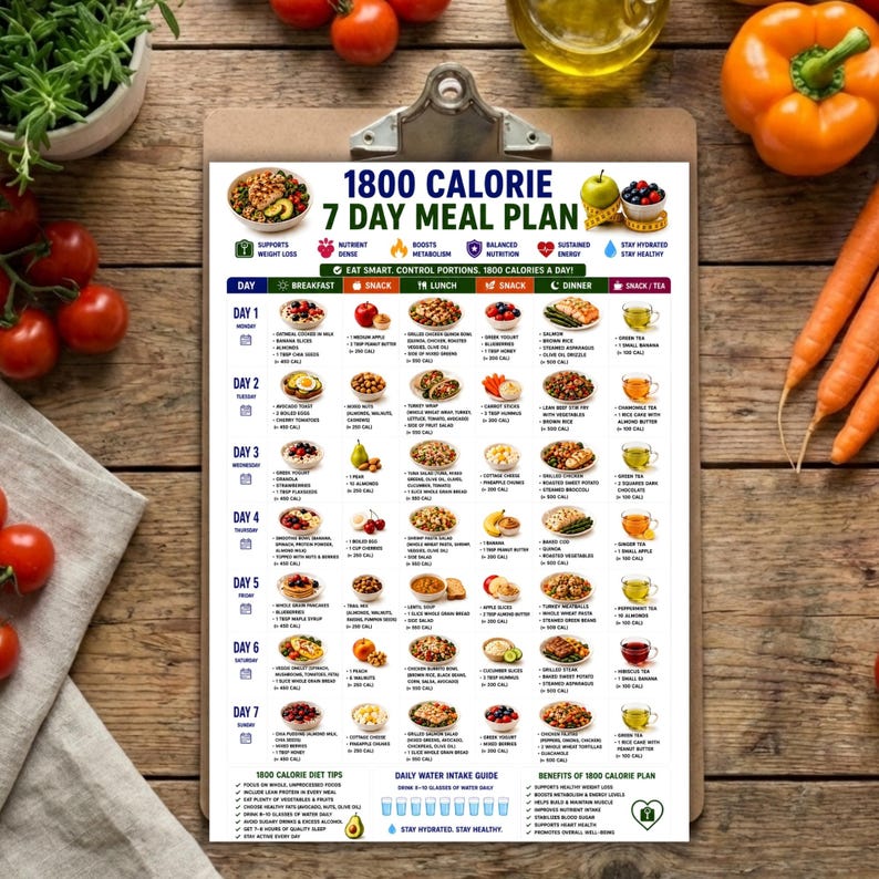 Peut inclure: Un plan de repas de 1800 calories sur 7 jours imprim&eacute; sur un presse-papier, pr&eacute;sentant une mise en page en grille avec des ic&ocirc;nes d'aliments, des descriptions de repas et des calories pour chaque moment de la journ&eacute;e, ainsi qu'un guide d'hydratation.