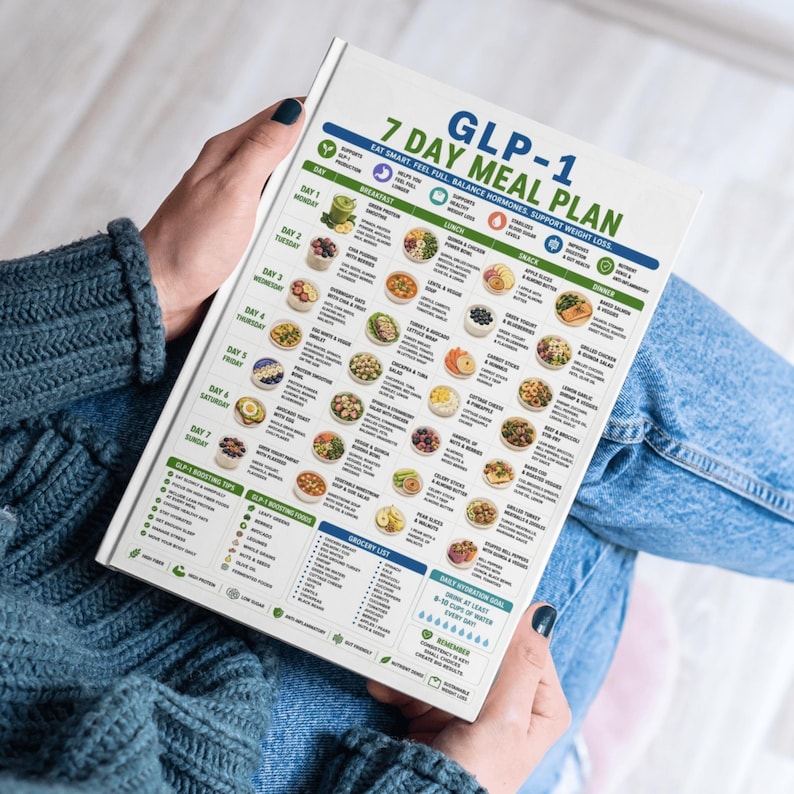 Puede incluir: Una gu&iacute;a impresa blanca titulada GLP-1 7 DAY MEAL PLAN que presenta un horario semanal estructurado de lunes a domingo. El documento incluye sugerencias diarias para el desayuno, el almuerzo, la merienda y la cena con peque&ntilde;as ilustraciones de alimentos.