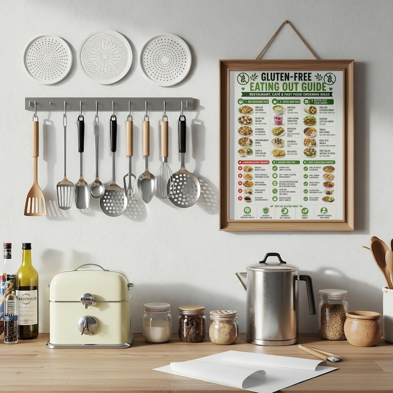 K&ouml;nnte beinhalten: Eine K&uuml;chenszene mit einer Vielzahl von Kochutensilien, die &uuml;ber einer Arbeitsplatte h&auml;ngen. Ein gerahmter "Gluten-Free Eating Out Guide" h&auml;ngt an der Wand. Weitere Artikel sind ein cremefarbener Toaster, Gew&uuml;rzgl&auml;ser und ein Edelstahlkessel.