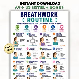 Può includere: Un grafico digitale di routine di respirazione con 16 tecniche numerate per la calma e il benessere. Il poster include icone colorate, testo informativo e illustrazioni di persone che dimostrano vari esercizi di respirazione.