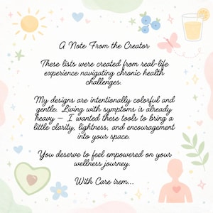 May include: A white card with black cursive text titled A Note From the Creator. The text discusses chronic health challenges and wellness. The border features pastel illustrations of a sun, blueberries, a drink, a butterfly, a heart, and a human figure.