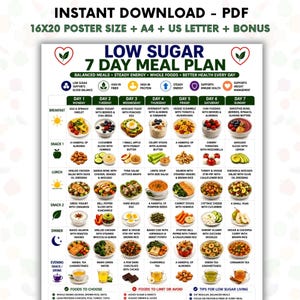 Puede incluir: Un plan de comidas digital titulado Low Sugar 7 Day Meal Plan, que presenta un diseño de cuadrícula con opciones diarias de desayuno, almuerzo, cena y meriendas, incluyendo iconos e ilustraciones de diversos alimentos.