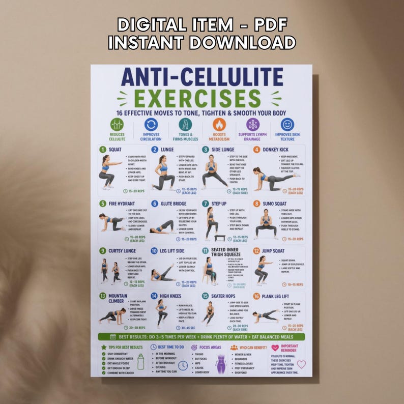 May include: A digital PDF chart titled Anti-Cellulite Exercises featuring 16 numbered illustrations of physical movements. The poster includes text instructions, icons for health benefits, and tips for best results on a white background.