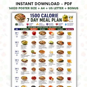 May include: A 1500 calorie 7 day meal plan chart in PDF format. The document features a grid layout with daily breakfast, lunch, dinner, and snack options illustrated with food images, calorie counts, and text descriptions for each meal.
