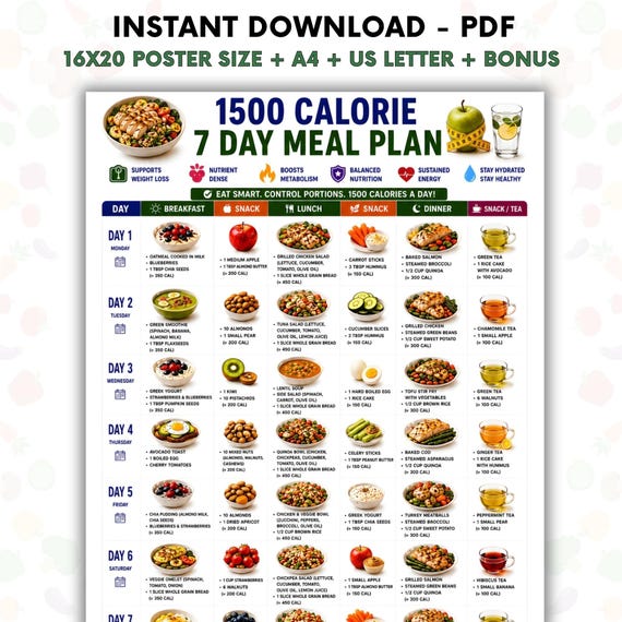 1500 Calorie 7 Day Meal Plan Printable, Weight Loss Meal Plan PDF, 1500 Calorie Diet Plan, Healthy Meal Planner, Weekly Nutrition Chart