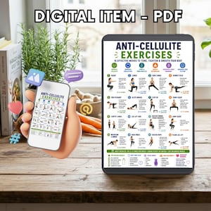May include: A digital PDF document titled Anti-Cellulite Exercises featuring 16 illustrated workout moves to tone and tighten the body. The chart includes instructions for squats, lunges, and planks, along with tips for best results, focus areas, and hydration.