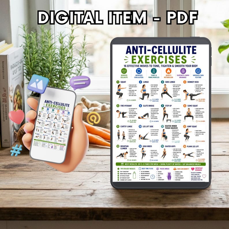May include: A digital PDF document titled Anti-Cellulite Exercises featuring 16 illustrated workout moves to tone and tighten the body. The chart includes instructions for squats, lunges, and planks, along with tips for best results, focus areas, and hydration.