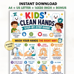 Op de afbeelding: Een kleurrijke educatieve poster getiteld KIDS' CLEAN HANDS STEP-BY-STEP GUIDE met stripfiguren, een tand en acht genummerde stappen voor het wassen van handen met zeep, water en handdoeken, inclusief tekstinstructies voor elke fase.