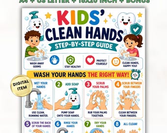 Kids Hand Washing Chart Printable, Hand Washing Steps for Kids, Hand Hygiene  Poster PDF, Bathroom Routine Visual, Preschool Classroom PDF