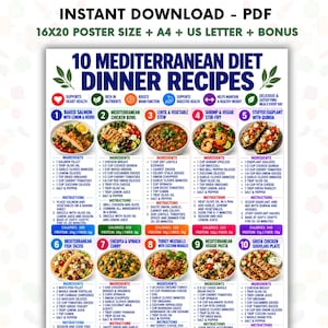 May include: A digital poster titled 10 Mediterranean Diet Dinner Recipes featuring ten numbered meal options with ingredient lists, cooking instructions, calorie counts, and protein content. The layout includes colourful icons and food photography.