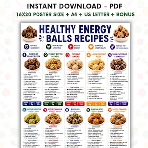 Puede incluir: Un póster de recetas digital titulado Healthy Energy Balls Recipes que presenta diez variedades de bolas energéticas con ingredientes e instrucciones. El diseño incluye imágenes, datos nutricionales y pasos de preparación en inglés.