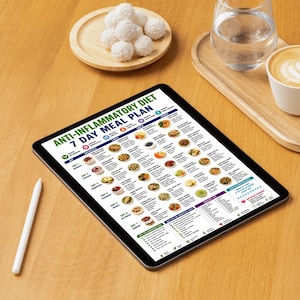 May include: A digital tablet displaying an Anti-Inflammatory Diet 7 Day Meal Plan chart with a white stylus resting beside it. The screen shows a structured weekly schedule featuring various food icons, daily meal categories, and a grocery list.