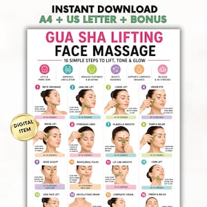May include: A digital instructional chart titled GUA SHA LIFTING FACE MASSAGE featuring 16 numbered steps with illustrations of a person using a green stone tool on their face. The text includes benefits like lifts and firms skin, improves circulation, and reduces puffiness.