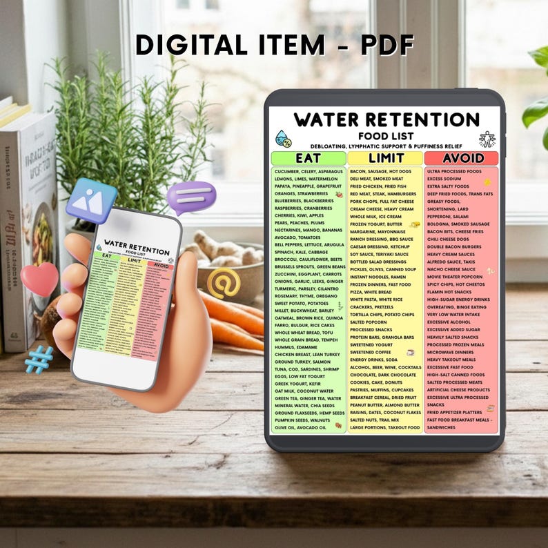 Op de afbeelding: Een digitaal PDF-document getiteld Water Retention Food List weergegeven op een tablet en een smartphonescherm. De tabel is georganiseerd in drie kleurgecodeerde kolommen met de labels Eat, Limit en Avoid, met diverse voedingsmiddelen.