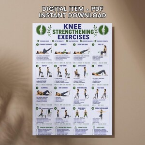 May include: A digital PDF poster titled KNEE STRENGTHENING EXERCISES featuring sixteen numbered illustrations of physical therapy movements. Each exercise includes a visual guide, step-by-step instructions, and recommended sets and repetitions.