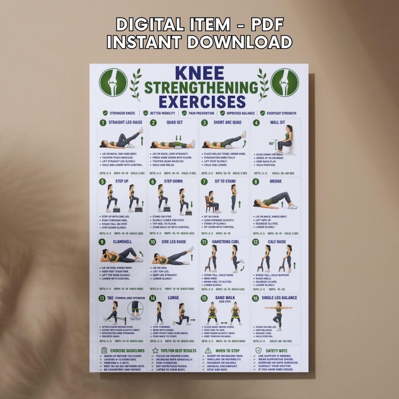 May include: A digital PDF poster titled KNEE STRENGTHENING EXERCISES featuring sixteen numbered illustrations of physical therapy movements. Each exercise includes a visual guide, step-by-step instructions, and recommended sets and repetitions.