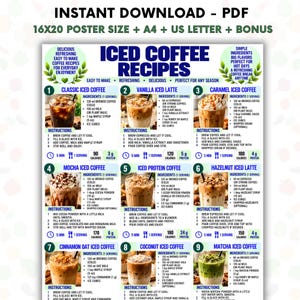 May include: A digital poster titled ICED COFFEE RECIPES featuring nine distinct drink instructions including Classic, Vanilla Latte, Caramel, Mocha, Protein, Hazelnut Latte, Cinnamon Oat, Coconut, and Matcha iced coffee with ingredient lists.