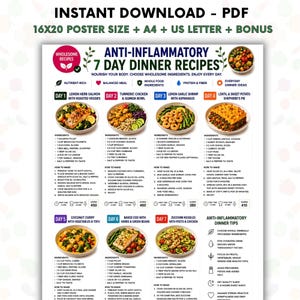 Könnte beinhalten: Ein digitaler PDF-Mahlzeitenplan mit dem Titel Anti-Inflammatory 7 Day Dinner Recipes, der sieben tägliche Mahlzeiten mit Lebensmittelfotografie, Zutatenlisten und Kochanweisungen sowie einen Abschnitt für Tipps und Symbole enthält.