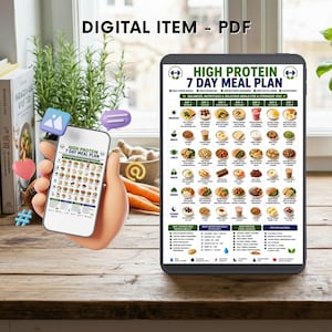 May include: A digital PDF high protein 7 day meal plan displayed on a tablet and a smartphone screen. The document features a grid layout with daily food suggestions for breakfast, lunch, dinner, and snacks, alongside nutritional goals and tips.