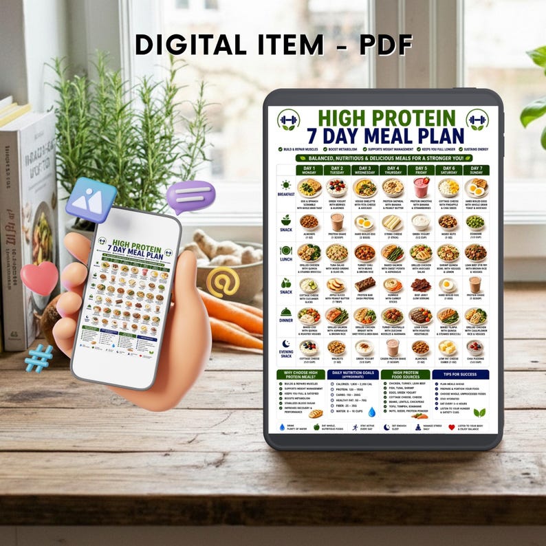 May include: A digital PDF high protein 7 day meal plan displayed on a tablet and a smartphone screen. The document features a grid layout with daily food suggestions for breakfast, lunch, dinner, and snacks, alongside nutritional goals and tips.