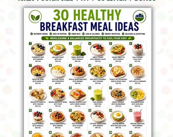 30 Healthy Breakfast Meal Ideas Printable, Healthy Breakfast Chart, High Protein Breakfast Ideas, Easy Breakfast Recipes PDF