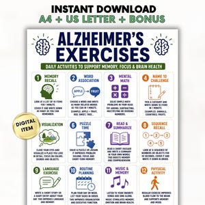 Może przedstawiać: Dokument do druku zatytułowany Alzheimer's Exercises zawierający dwanaście ponumerowanych pól z codziennymi ćwiczeniami wspierającymi pamięć, koncentrację i zdrowie mózgu. Każde pole zawiera opisową ikonę oraz instrukcje dotyczące wykonywania poszczególnych zadań.