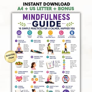 Guide de pleine conscience imprimable, tableau d'exercices de pleine conscience, soulagement du stress imprimable, capacités de gestion de l'anxiété, bien-être mental PDF
