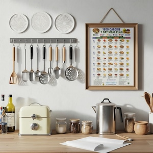 Peut inclure: Une d&eacute;coration murale de cuisine comprenant un tableau encadr&eacute; de 1800 Calorie 7 Day Meal Plan, un support &agrave; ustensiles gris avec divers outils en m&eacute;tal et bois, trois assiettes d&eacute;coratives blanches, une bo&icirc;te &agrave; pain cr&egrave;me et une cafeti&egrave;re en inox.