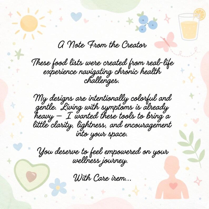K&ouml;nnte beinhalten: Eine pastellfarbene Grafik mit dem Text &bdquo;A Note From the Creator&ldquo;. Der Text beschreibt die Absicht des Erstellers, Klarheit und Ermutigung f&uuml;r diejenigen zu schaffen, die mit chronischen Gesundheitsproblemen zu k&auml;mpfen haben. Dekorative Elemente sind Sonne, Avocado und ein Glas Saft.