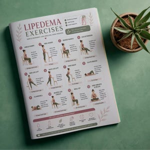 May include: A printed exercise guide for lipedema, featuring illustrations of various exercises. The guide includes instructions for ankle pumps, heel raises, seated march, leg extension, side leg lift, back leg lift, mini squat, glute bridge, clamshell, seated leg circle, wall sit, and deep breath & relax.