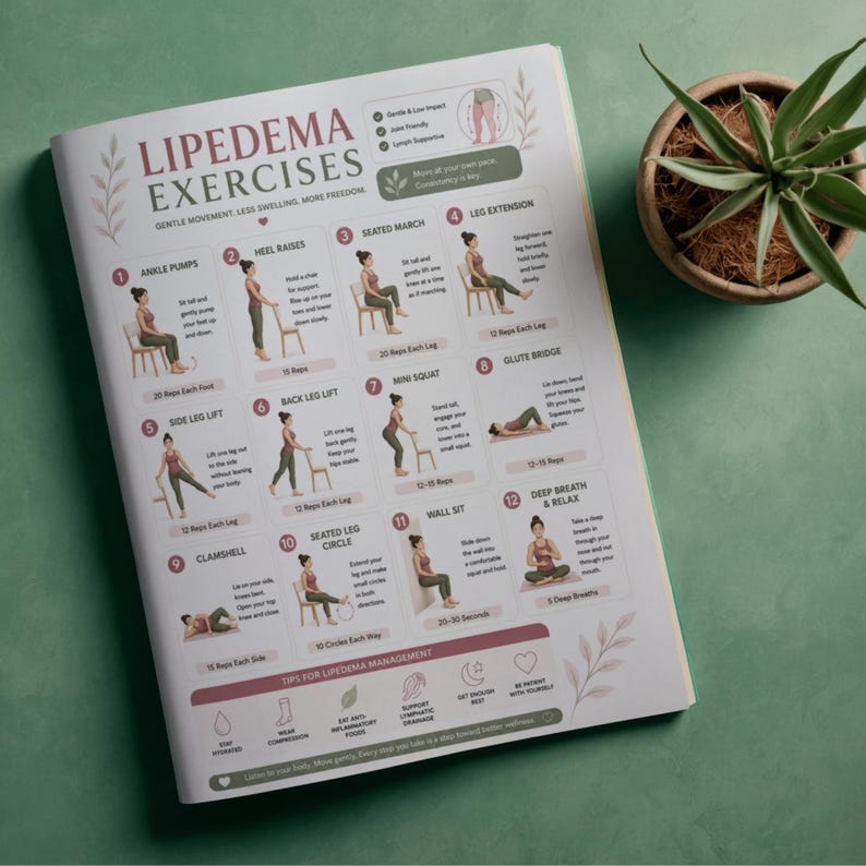 May include: A printed exercise guide for lipedema, featuring illustrations of various exercises. The guide includes instructions for ankle pumps, heel raises, seated march, leg extension, side leg lift, back leg lift, mini squat, glute bridge, clamshell, seated leg circle, wall sit, and deep breath & relax.