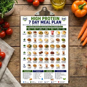 May include: A printed 7-day high protein meal plan on a clipboard. The document features a grid layout with daily food items for breakfast, snacks, lunch, and dinner, alongside nutritional goals and tips for success in dark green and blue text.