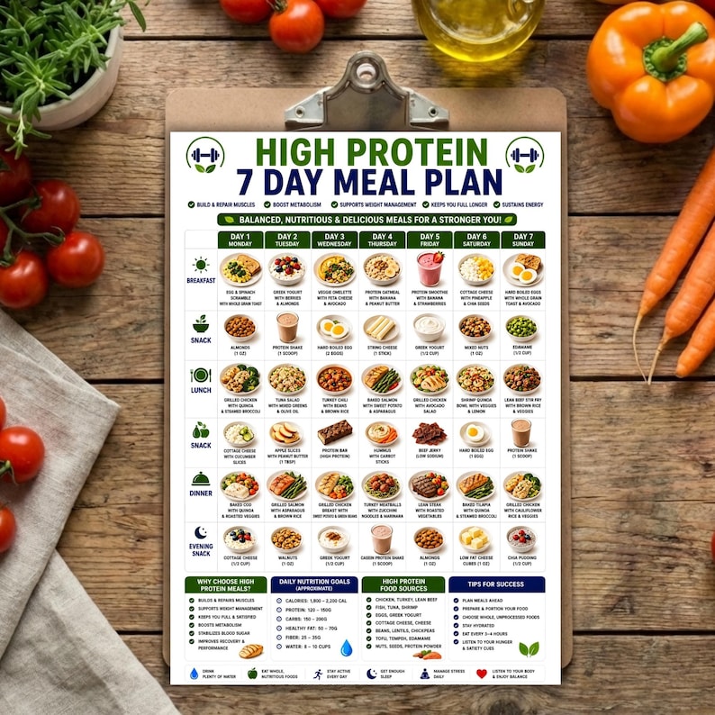 May include: A printed 7-day high protein meal plan on a clipboard. The document features a grid layout with daily food items for breakfast, snacks, lunch, and dinner, alongside nutritional goals and tips for success in dark green and blue text.