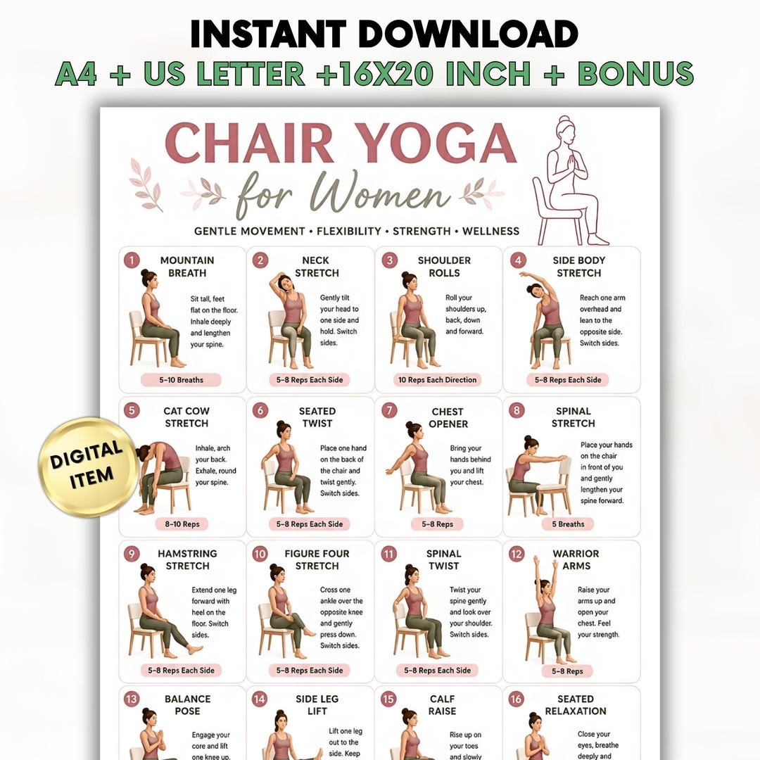 Chair Yoga for Women Printable, Seated Yoga Exercises PDF, Beginner