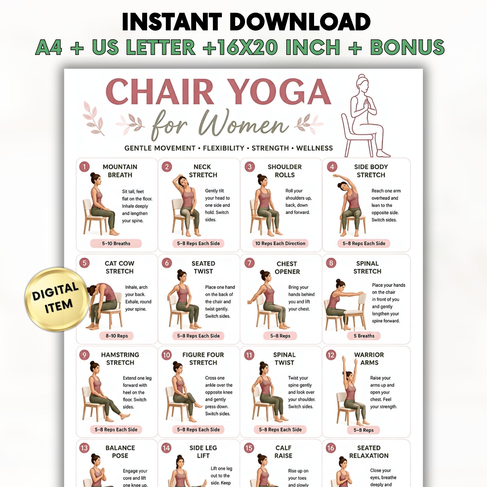 Seated Yoga Routine Chair Yoga for Women Printable, Seated Yoga Exercises PDF, Beginner ...