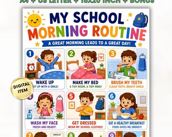 Kids Morning Routine Chart Printable, Visual Schedule for Kids, School Morning Routine, Preschool Kindergarten Routine Poster PDF