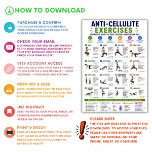 May include: A digital instructional guide titled Anti-Cellulite Exercises featuring 16 illustrated workout moves, text instructions, and icons. The left side provides a step-by-step guide on how to download digital files from Etsy.