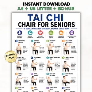 Tai Chi Stuhl für Senioren Printable, Senior Stuhl Übungstabelle, Tai Chi Routine im Sitzen, Gleichgewichts- und Beweglichkeitsübungen, Fitness für ältere Menschen PDF