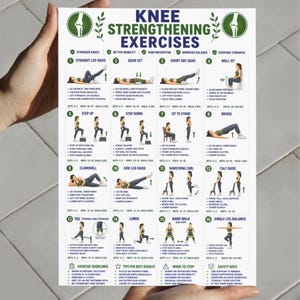 May include: A white instructional poster titled KNEE STRENGTHENING EXERCISES featuring sixteen numbered illustrations of physical therapy movements. Each section includes text instructions, set counts, and repetition goals for knee health.