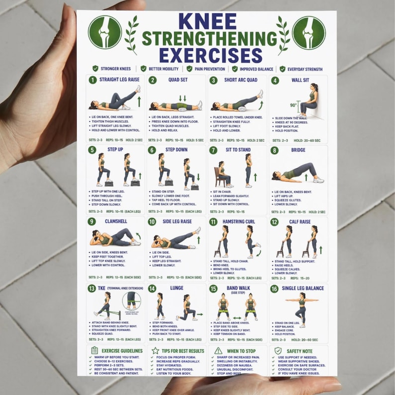 May include: A white instructional poster titled KNEE STRENGTHENING EXERCISES featuring sixteen numbered illustrations of physical therapy movements. Each section includes text instructions, set counts, and repetition goals for knee health.