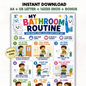 Puede incluir: Un póster educativo colorido titulado My Bathroom Routine que presenta nueve pasos numerados con ilustraciones de dibujos animados de un niño realizando tareas de higiene, como usar el inodoro, limpiarse, tirar de la cadena y lavarse las manos.
