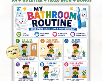 Kids Bathroom Routine Chart Printable, Toilet Routine Visual Schedule, Potty Training Chart for Kids, Preschool Bathroom Routine Poster