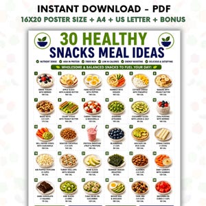 30 Healthy Snack Ideas Printable, Healthy Snacks Chart, High Protein Snack List, Low Calorie Snack Ideas, Meal Prep Planner PDF