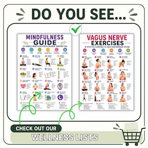 May include: Two educational posters titled Mindfulness Guide and Vagus Nerve Exercises, each featuring 16 numbered illustrations and text instructions for wellness practices. The posters are displayed side-by-side with a green checkmark above them.