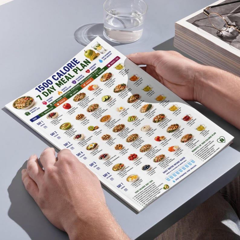 May include: A printed 1500 calorie 7 day meal plan chart on white paper. The document features a structured grid layout with daily food suggestions for breakfast, lunch, dinner, and snacks, accompanied by small colorful food illustrations and icons.
