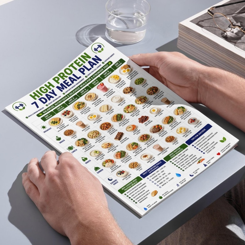 May include: A printed 7-day high protein meal plan chart featuring a grid layout with daily food illustrations for breakfast, lunch, dinner, and snacks. The document includes nutritional goals, food source lists, and success tips in English.
