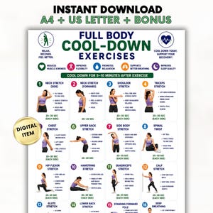 Könnte beinhalten: Ein digitales Poster mit dem Titel Full Body Cool-Down Exercises, das sechzehn nummerierte Illustrationen einer Person in violetter Sportkleidung bei verschiedenen Dehnübungen zeigt. Das Diagramm enthält Textanweisungen, Zeitangaben und Symbole.