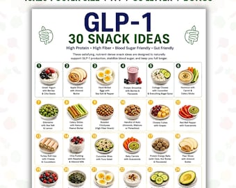 GLP-1 Snack Ideas Printable, 30 High Protein Snack Ideas, High Fiber Snacks Chart, Blood Sugar Friendly Foods, GLP1 Food List PDF