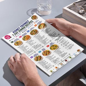 May include: A white printed document titled Kidney Friendly 7 Day Dinner Recipes, featuring a structured meal plan with seven daily entries, ingredient lists, and small circular food photographs for each meal, organized in a clear, informative layout.